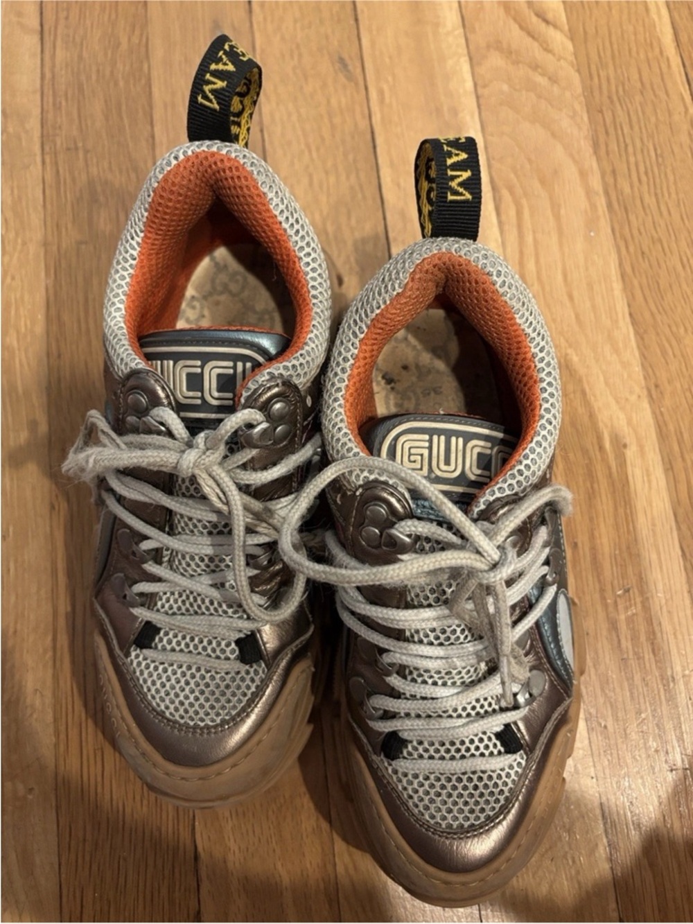 GUCCI Flashtrek Metallic Gold Chunky Sneakers Size 5-Authentic - Picture 9 of 12